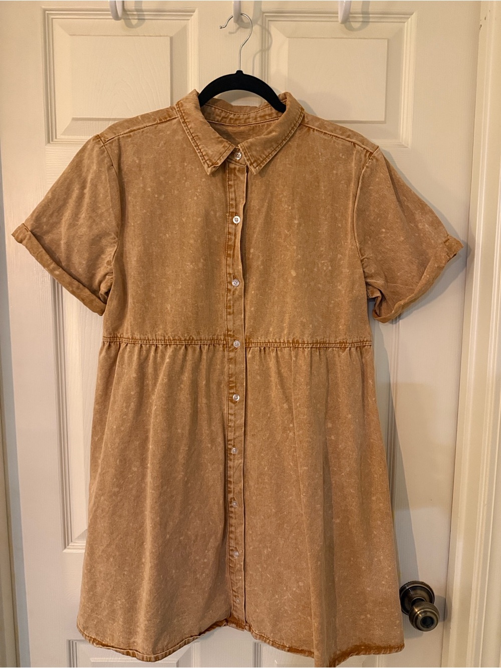 Lookbook Store Pecan Brown Short Sleeve Tiered Babydoll Denim Dress